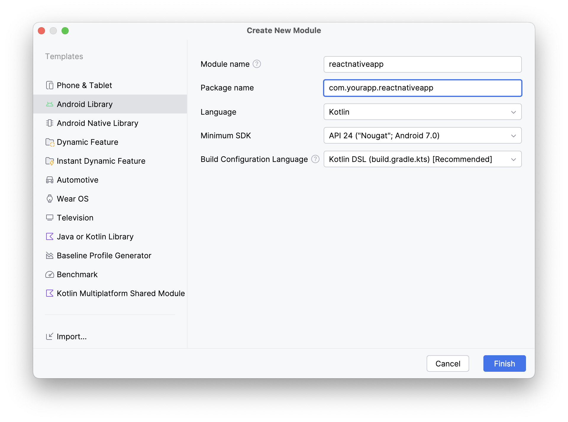 Creating a new Android Library module named reactnativeapp